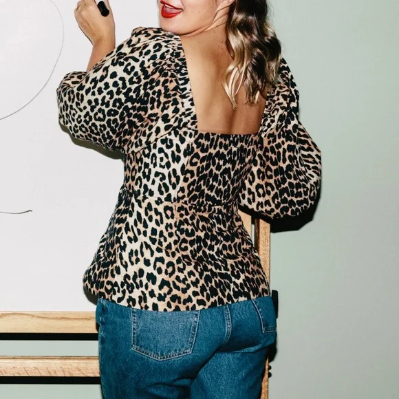 Ganni Leopard Print Puff Sleeve Blouse - Picture 2 of 3